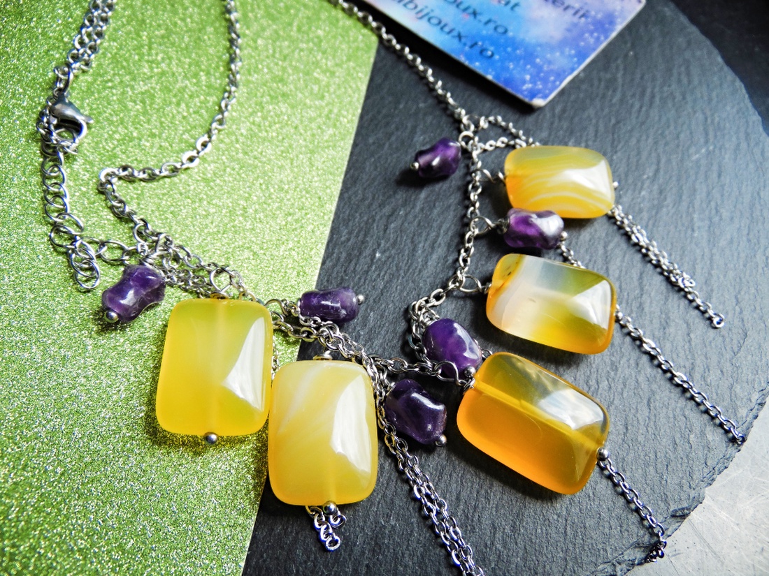 Colier Handmade cu Agate Galbene și Ametist Natural Colier Statement din Inox cu Pietre Semiprețioase (cod1445) - bijuterii - coliere - coliere din pietre semiprețioase - Artynos.ro