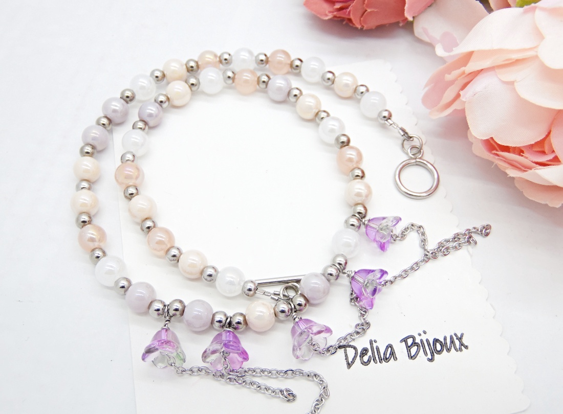 Colier Handmade cu Flori Mov și Mărgele Perlate Eleganță și Farmec Romantic (cod1451) - bijuterii - coliere - coliere din mărgele - Artynos.ro