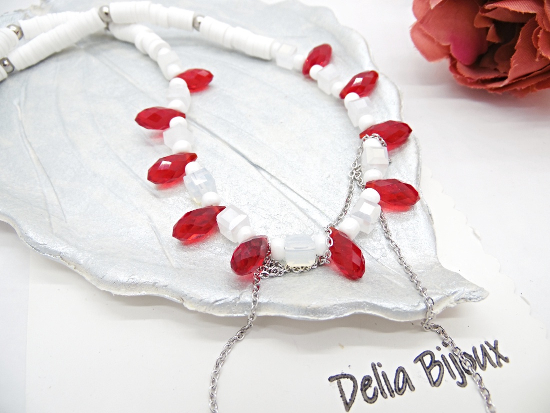 Colier handmade estival alb-roșu (cod1452) - bijuterii - coliere - coliere din mărgele - Artynos.ro