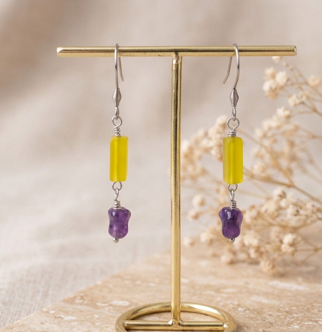 Cercei handmade - ametist si jad (cod1456) - bijuterii - cercei - cercei din pietre semiprețioase - Artynos.ro