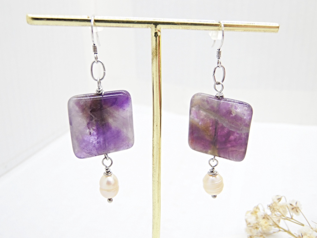 Cercei handmade - ametist, perle și tortițe din argint 925 (cod1457) - bijuterii - cercei - cercei lungi - Artynos.ro