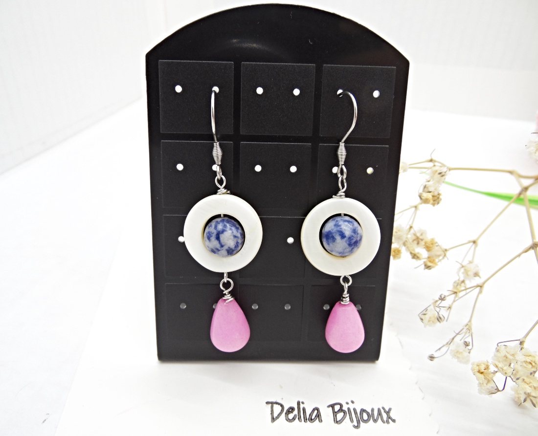 Cercei handmade din sidef, sodalit și jad roz accesorii din inox bijuterii unicat (cod1459) - bijuterii - cercei - cercei din pietre semiprețioase - Artynos.ro
