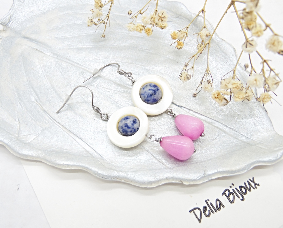 Cercei handmade din sidef, sodalit și jad roz accesorii din inox bijuterii unicat (cod1459) - bijuterii - cercei - cercei din pietre semiprețioase - Artynos.ro