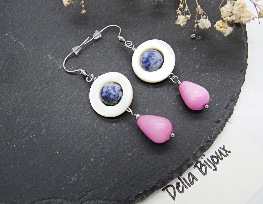 Cercei handmade din sidef, sodalit și jad roz accesorii din inox bijuterii unicat (cod1459) - bijuterii - cercei - cercei din pietre semiprețioase - Artynos.ro