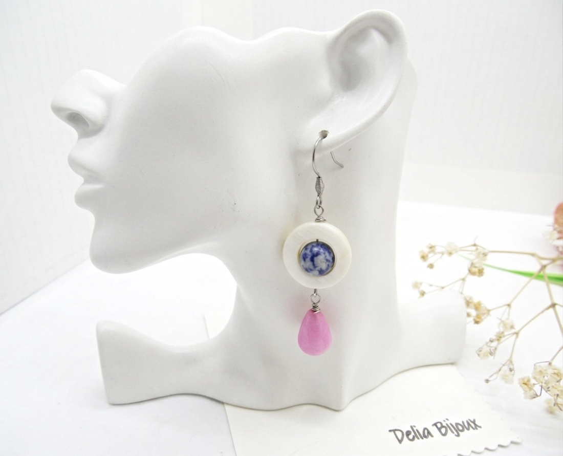 Cercei handmade din sidef, sodalit și jad roz accesorii din inox bijuterii unicat (cod1459) - bijuterii - cercei - cercei din pietre semiprețioase - Artynos.ro