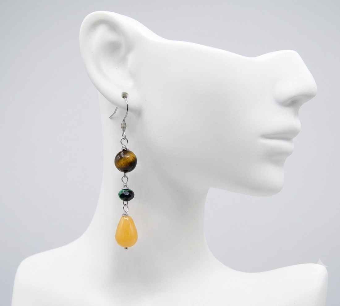Cercei Lungi Handmade cu Ochi de Tigru, Agat Verde și Picături de Jad Galben - Accesorii Inox (cod1460) - bijuterii - cercei - cercei din pietre semiprețioase - Artynos.ro