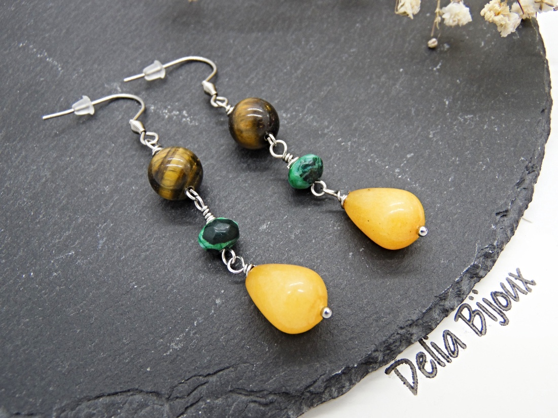 Cercei Lungi Handmade cu Ochi de Tigru, Agat Verde și Picături de Jad Galben - Accesorii Inox (cod1460) - bijuterii - cercei - cercei din pietre semiprețioase - Artynos.ro