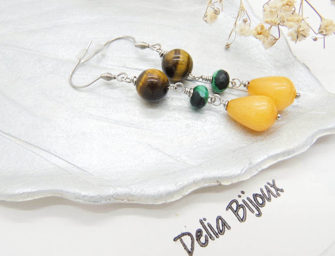 Cercei Lungi Handmade cu Ochi de Tigru, Agat Verde și Picături de Jad Galben - Accesorii Inox (cod1460) - bijuterii - cercei - cercei din pietre semiprețioase - Artynos.ro