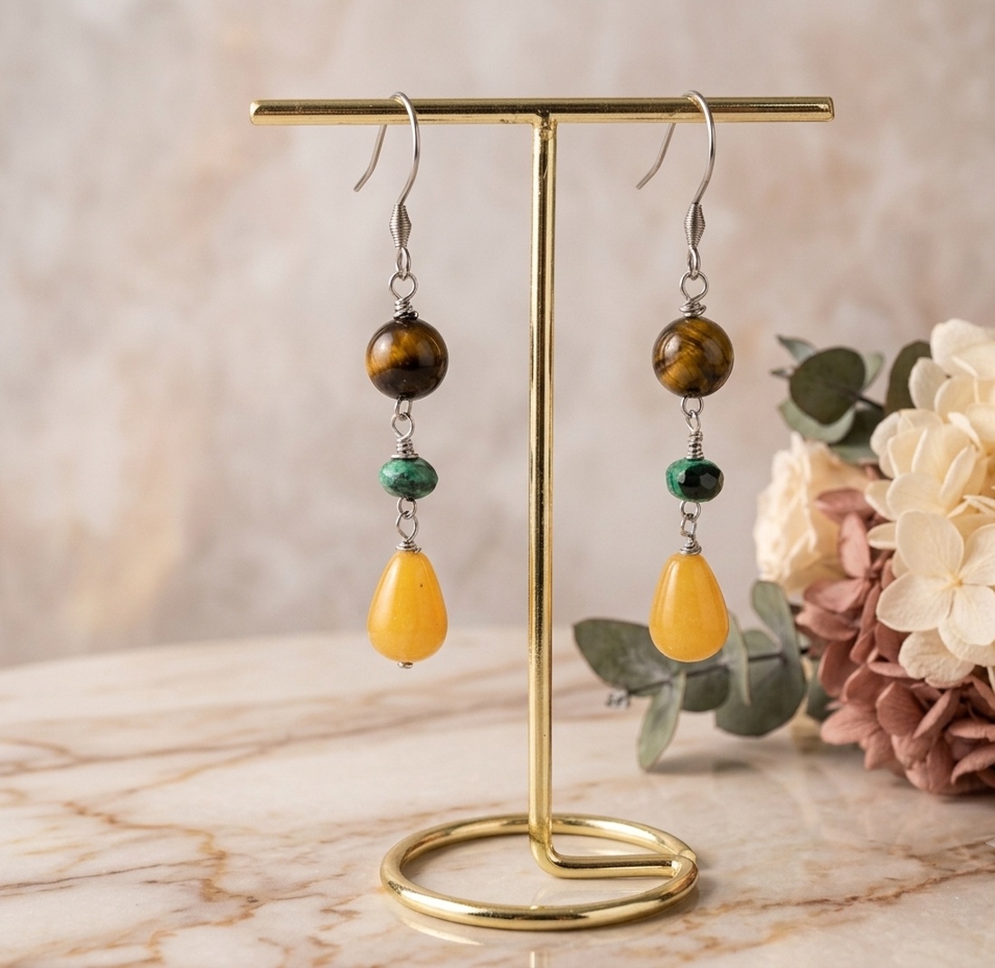 Cercei Lungi Handmade cu Ochi de Tigru, Agat Verde și Picături de Jad Galben - Accesorii Inox (cod1460) - bijuterii - cercei - cercei din pietre semiprețioase - Artynos.ro