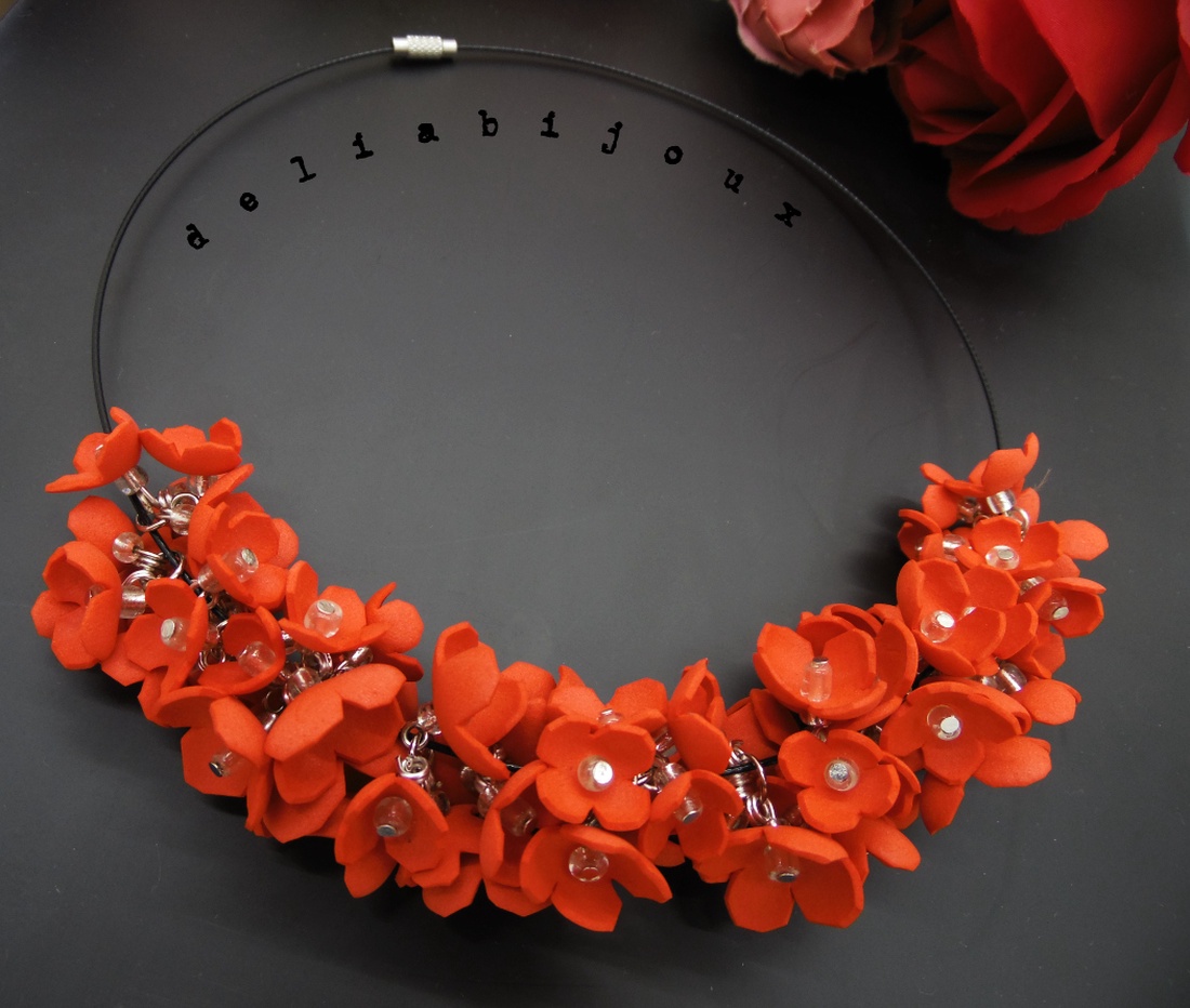 Colier handmade statement unicat -floral - foamiran (cod803) - bijuterii - coliere - coliere din mărgele - Artynos.ro