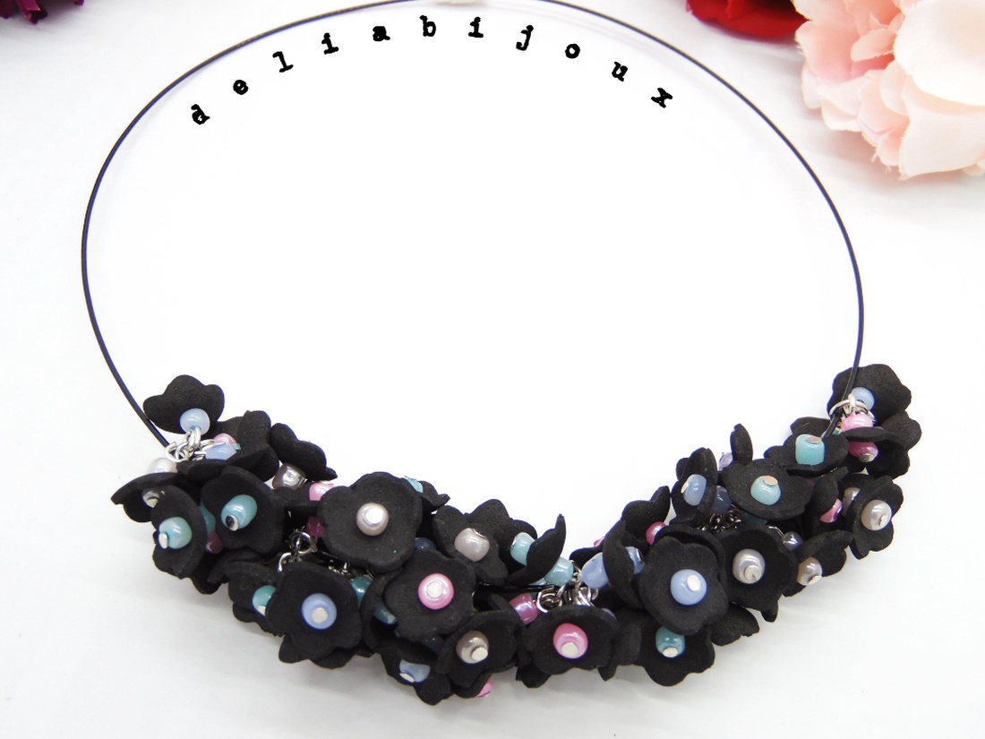 Colier handmade statement unicat -floral - foamiran (cod808) - bijuterii - coliere - coliere din mărgele - Artynos.ro