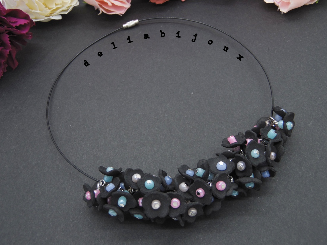 Colier handmade statement unicat -floral - foamiran (cod808) - bijuterii - coliere - coliere din mărgele - Artynos.ro