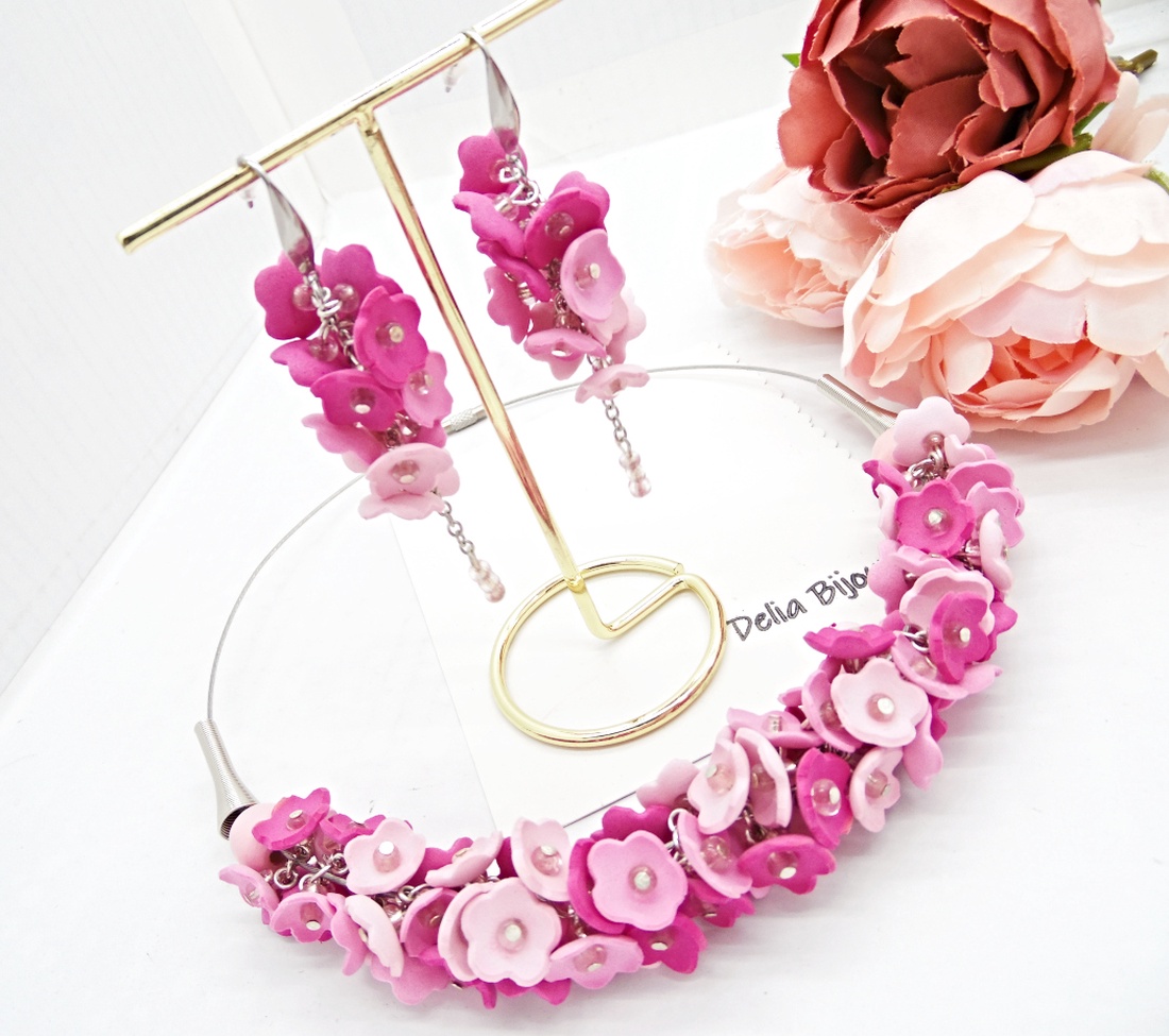 Set Bijuterii Pink Blossom Colier la baza gâtului și Cercei (cod1462) - bijuterii - seturi de bijuterii - Artynos.ro