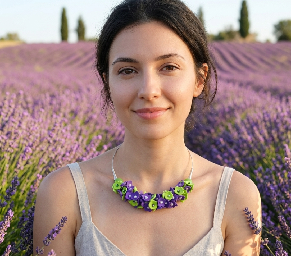 Colier handmade statement cu flori mov si verzi - Eleganță Florală (cod1464) - bijuterii - coliere - coliere din mărgele - Artynos.ro