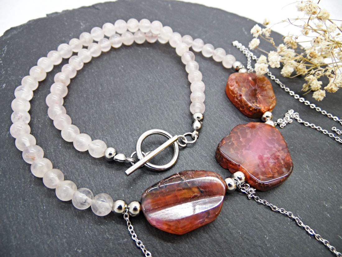 Colier handmade unicat - agate si cuart (cod1186) - bijuterii - coliere - coliere din pietre semiprețioase - Artynos.ro