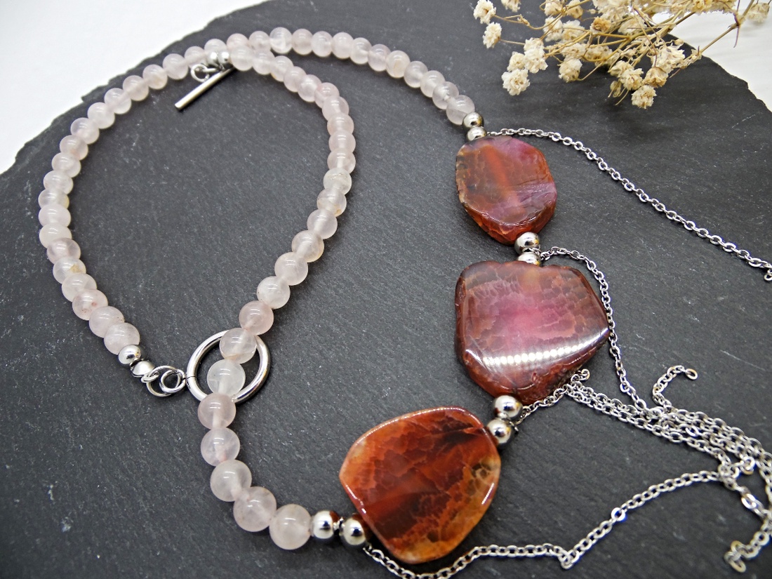 Colier handmade unicat - agate si cuart (cod1186) - bijuterii - coliere - coliere din pietre semiprețioase - Artynos.ro