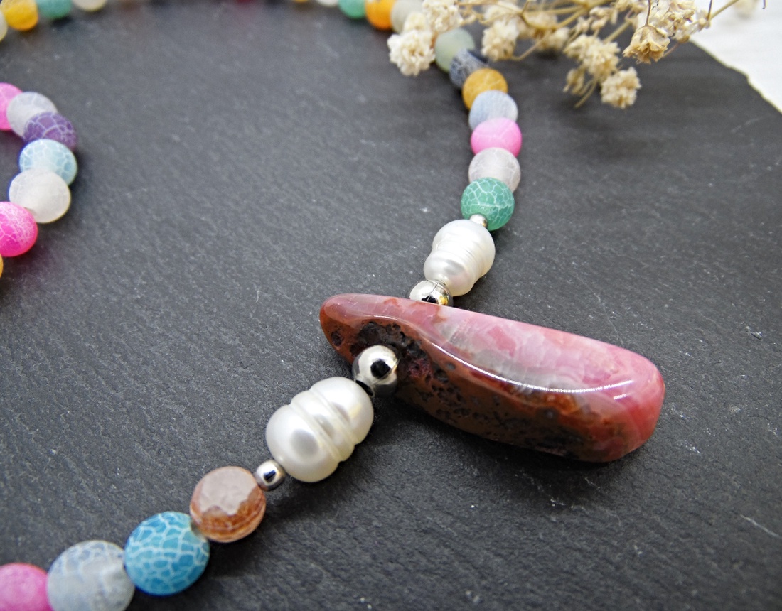 Colier handmade unicat - agate frozen si perle cultura (cod1465) - bijuterii - coliere - coliere din pietre semiprețioase - Artynos.ro