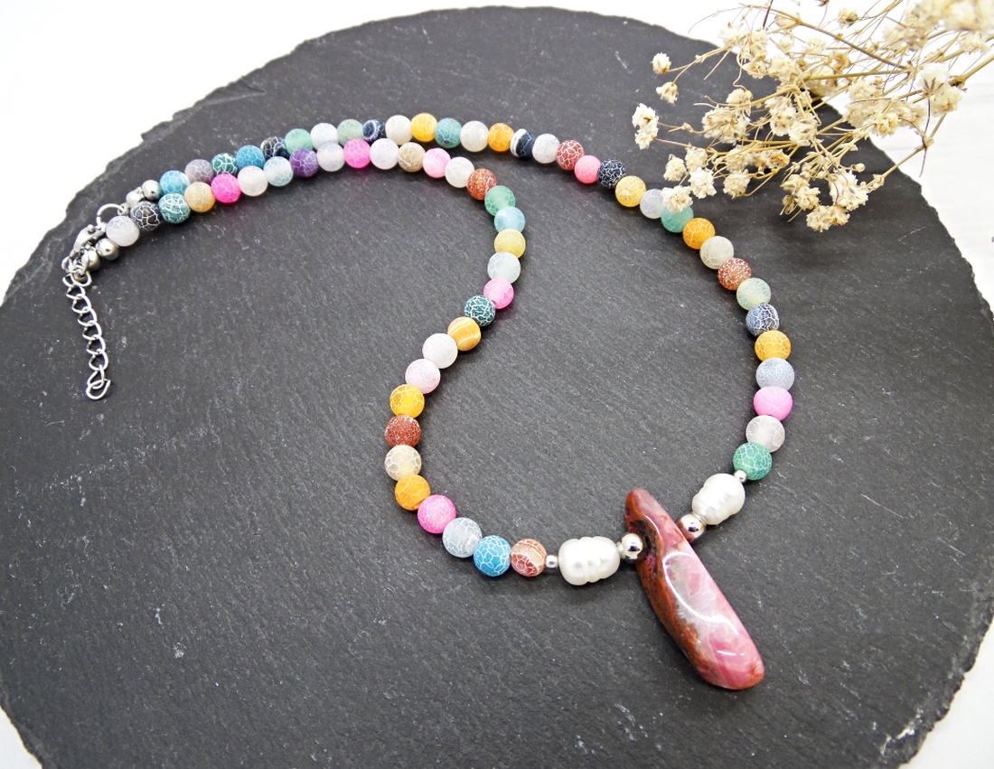 Colier handmade unicat - agate frozen si perle cultura (cod1465) - bijuterii - coliere - coliere din pietre semiprețioase - Artynos.ro