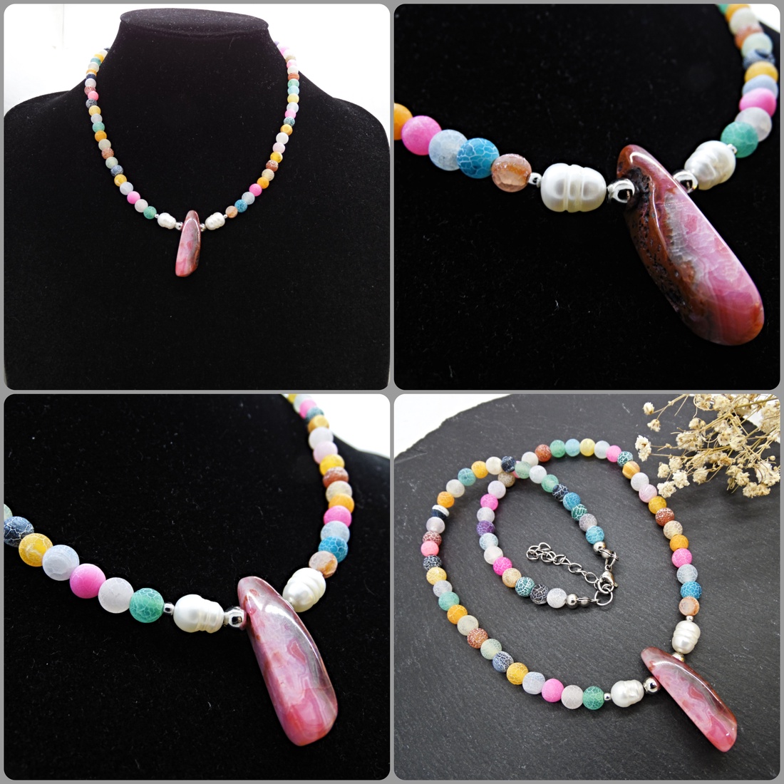 Colier handmade unicat - agate frozen si perle cultura (cod1465) - bijuterii - coliere - coliere din pietre semiprețioase - Artynos.ro
