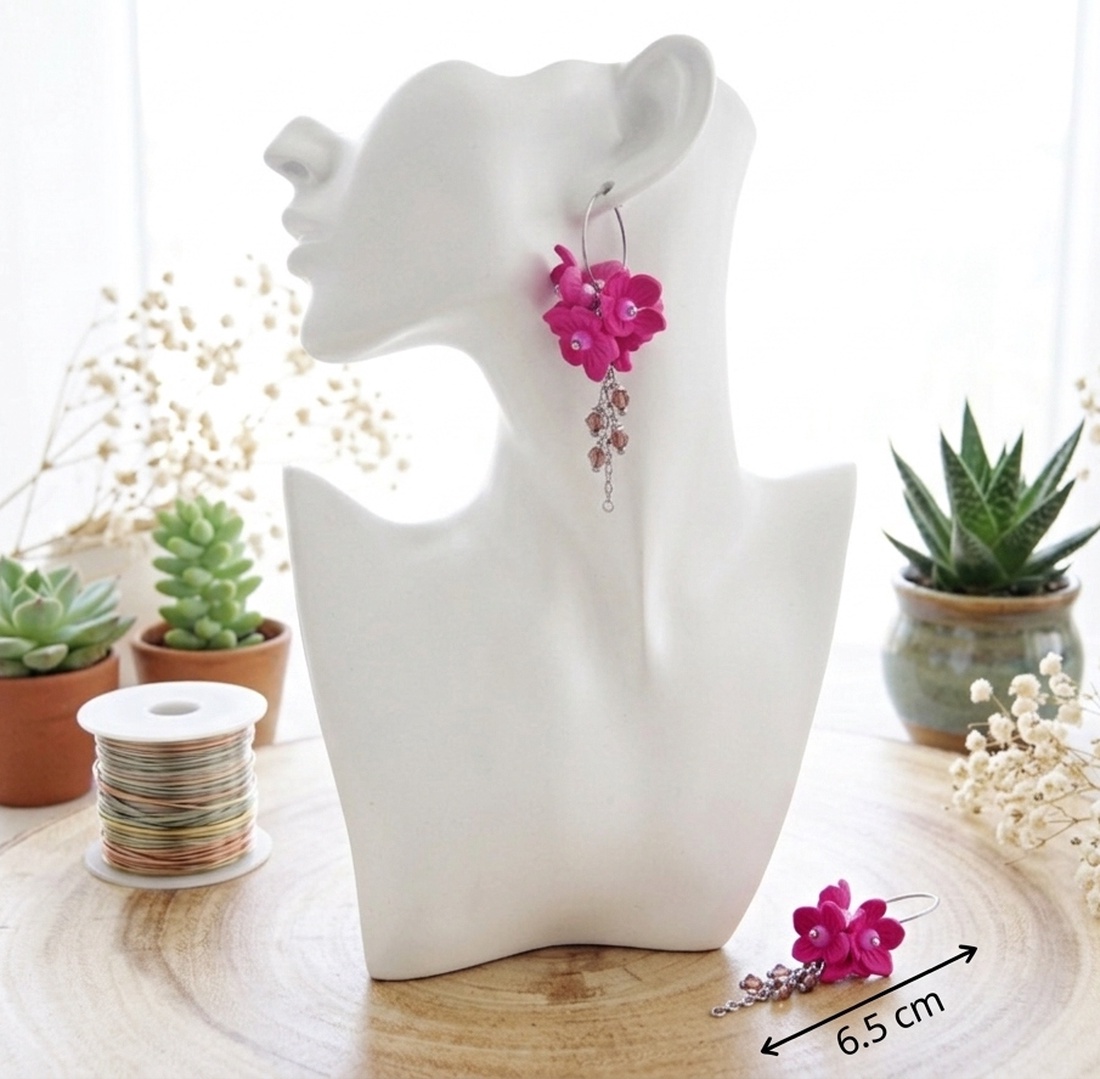Cercei Statement Fucsia Bloom Flori Handmade din Foamiran și Cristale (cod1467) - bijuterii - cercei - cercei lungi - Artynos.ro