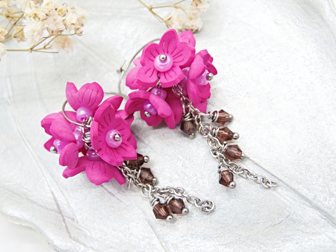 Cercei Statement Fucsia Bloom Flori Handmade din Foamiran și Cristale (cod1467) - bijuterii - cercei - cercei lungi - Artynos.ro