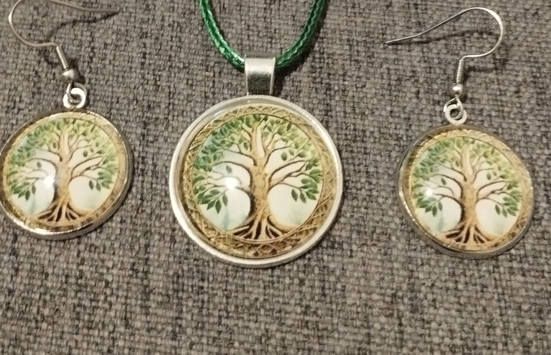 Set colier și cercei din lentile de sticlă cu motiv de copac al vieții -  - Artynos.ro