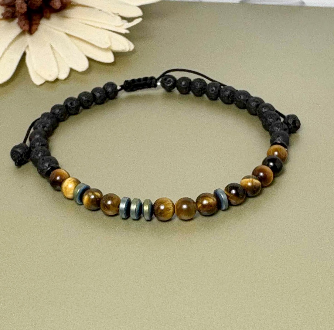 Bratara cod morse barbati din ochi de tigru, hematit si lava vulcanica - bijuterii - brățări - brățări din mărgele - Artynos.ro