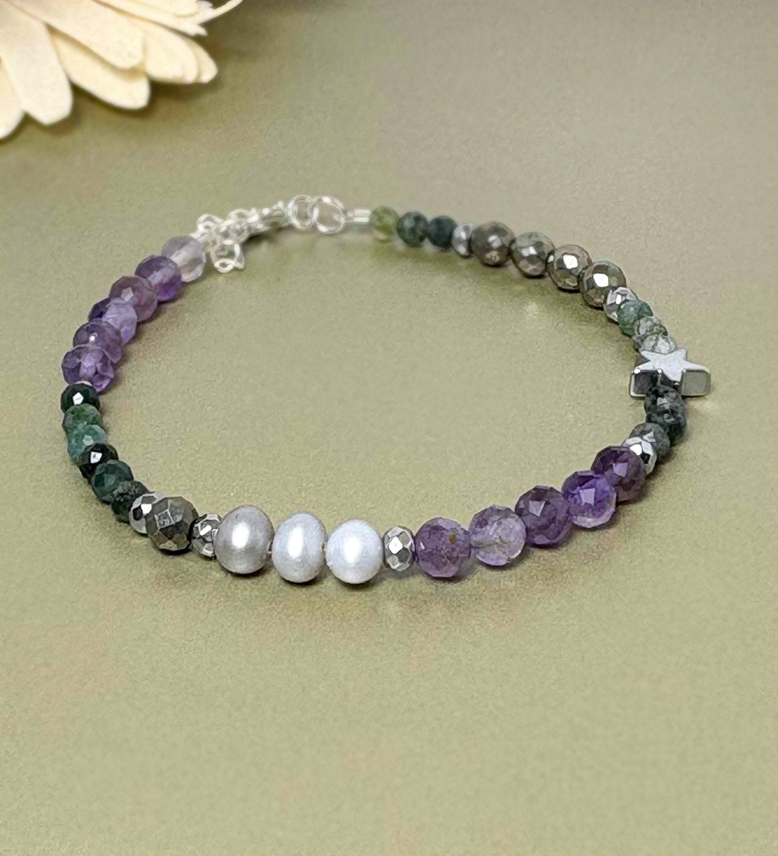 Bratara ametist, pirita, perle si hematit - bijuterii - brățări - brățări din pietre semiprețioase - Artynos.ro