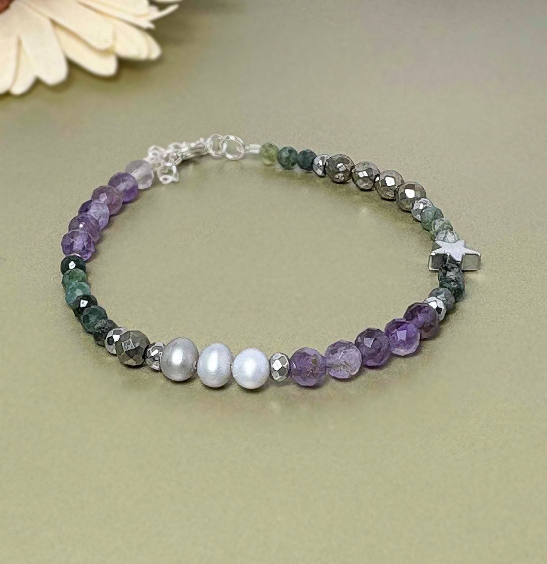 Bratara ametist, pirita, perle si hematit - bijuterii - brățări - brățări din pietre semiprețioase - Artynos.ro