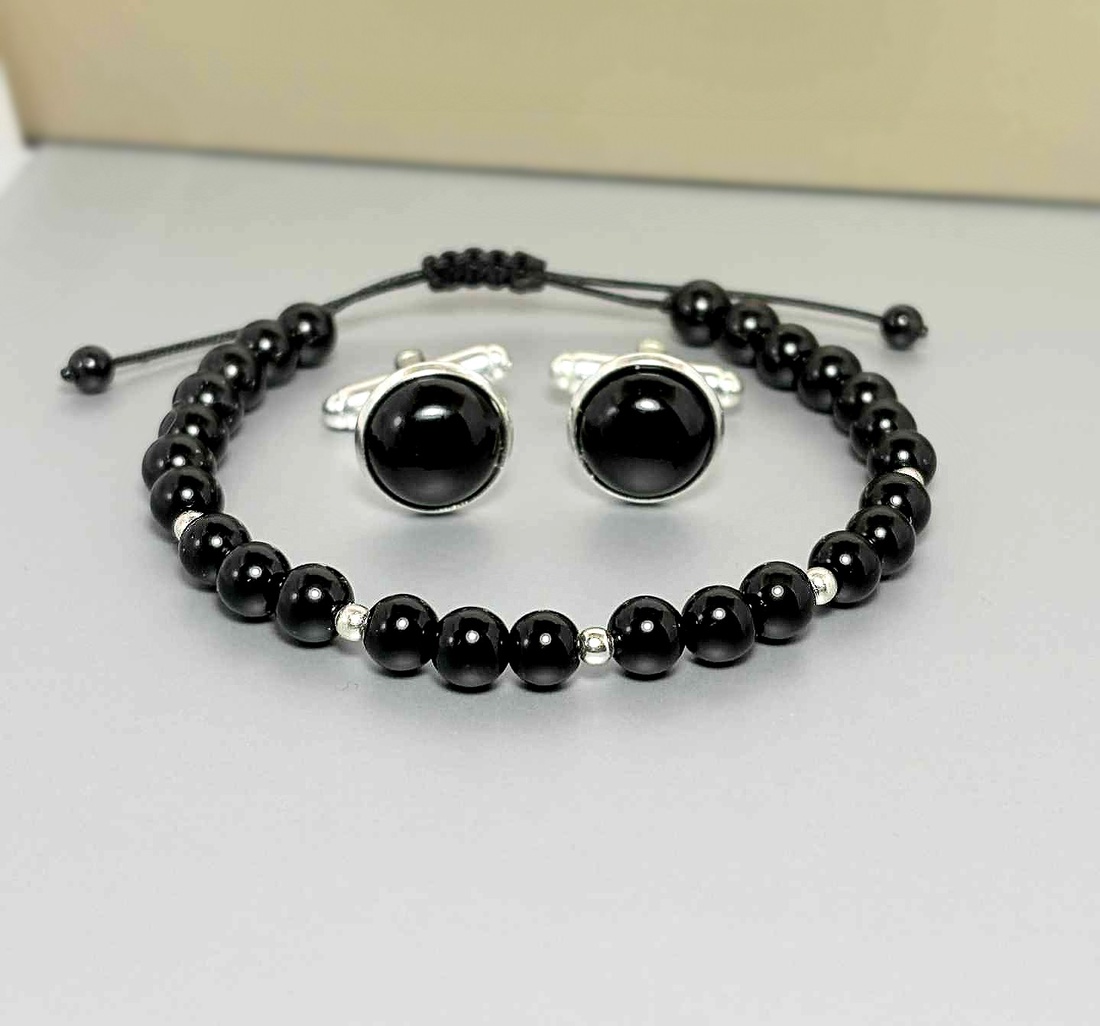Set cadou barbati - bratara onix, breloc inox si butoni onix - bijuterii - brățări - brățări din mărgele - Artynos.ro