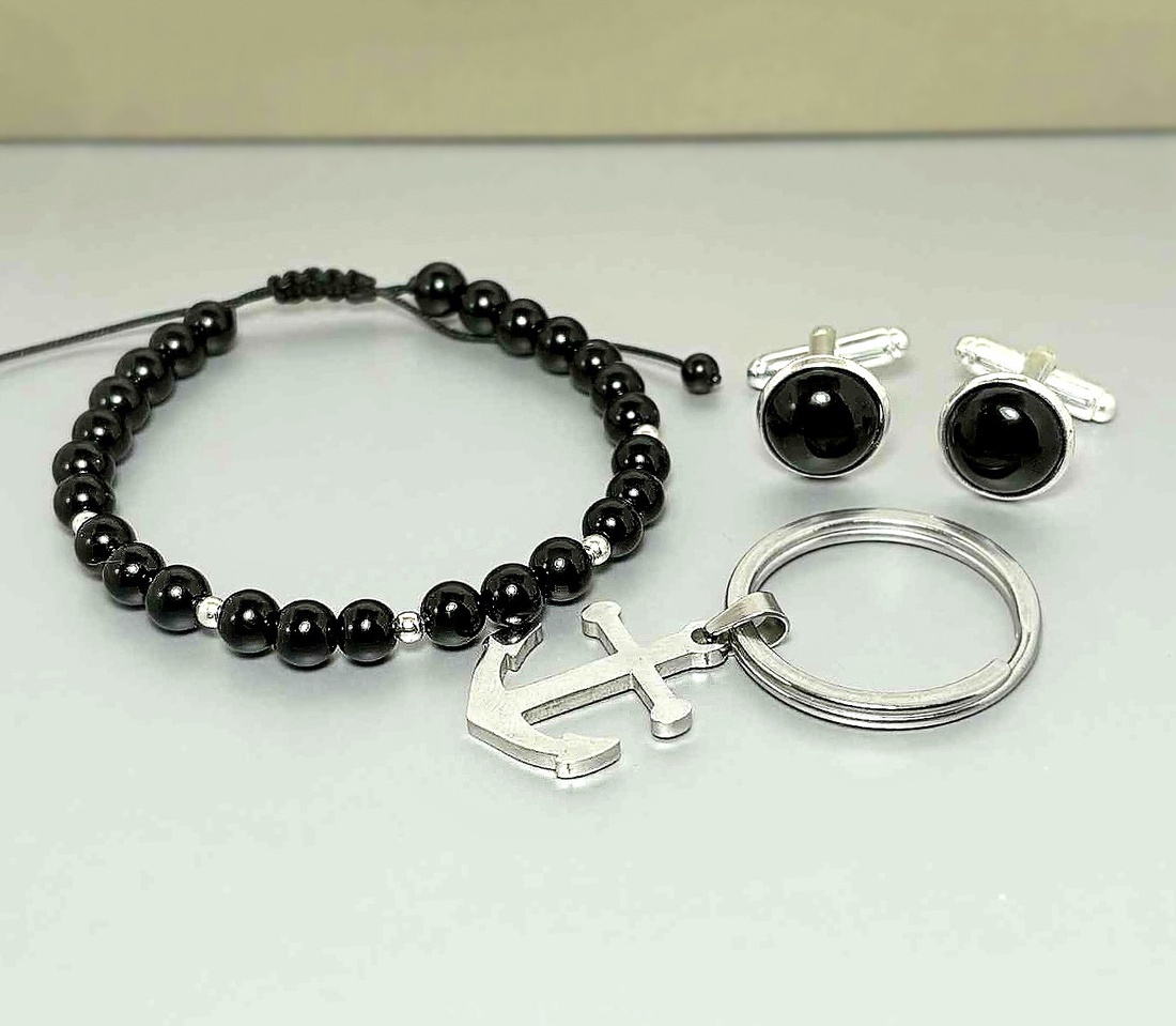 Set cadou barbati - bratara onix, breloc inox si butoni onix - bijuterii - brățări - brățări din mărgele - Artynos.ro