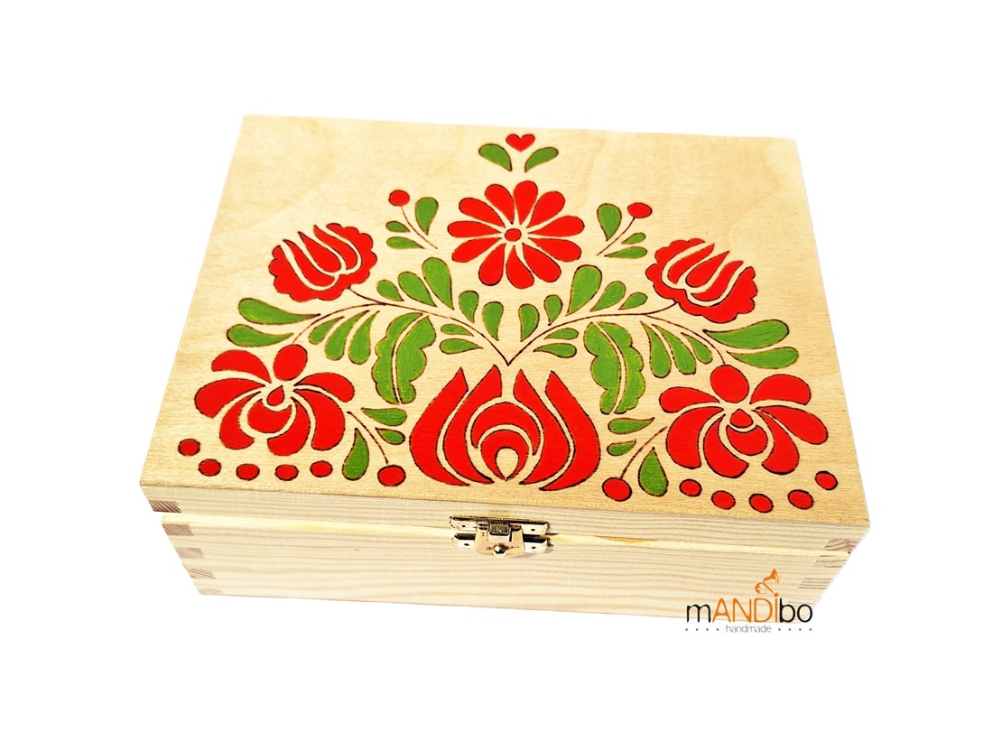 Cutie din lemn pentru ceai, cu 6 compartimente � decor floral tradițional, pictat manual -  - Artynos.ro