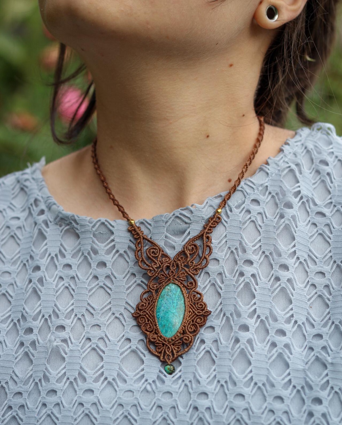 Colier micromacrame boho cu Crysocolla -Summer fades - bijuterii - coliere - coliere din pietre semiprețioase - Artynos.ro