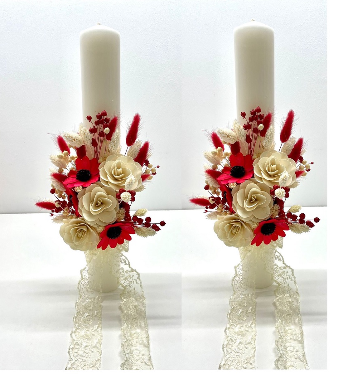 Set 2 lumanari, nunta, flori naturale uscate si flori de lemn, cod SL12 - accesorii nuntă - materiale decor pentru nuntă - lumânări de nuntă și suport lumânări - Artynos.ro