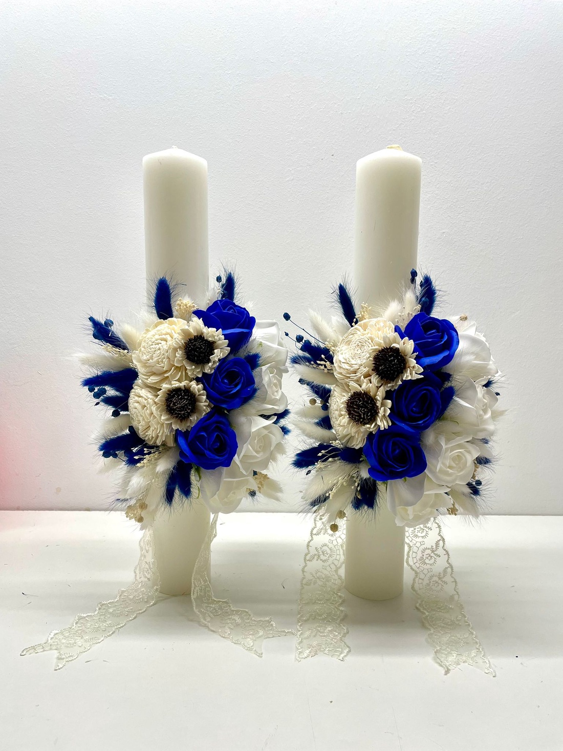 Set 2 lumanari de cununie, flori naturale uscate, cod SL22 - accesorii nuntă - materiale decor pentru nuntă - lumânări de nuntă și suport lumânări - Artynos.ro