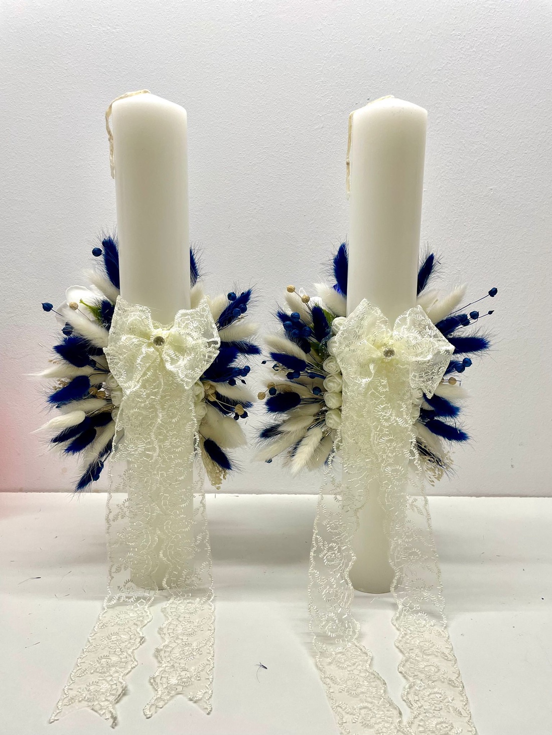 Set 2 lumanari de cununie, flori naturale uscate, cod SL22 - accesorii nuntă - materiale decor pentru nuntă - lumânări de nuntă și suport lumânări - Artynos.ro