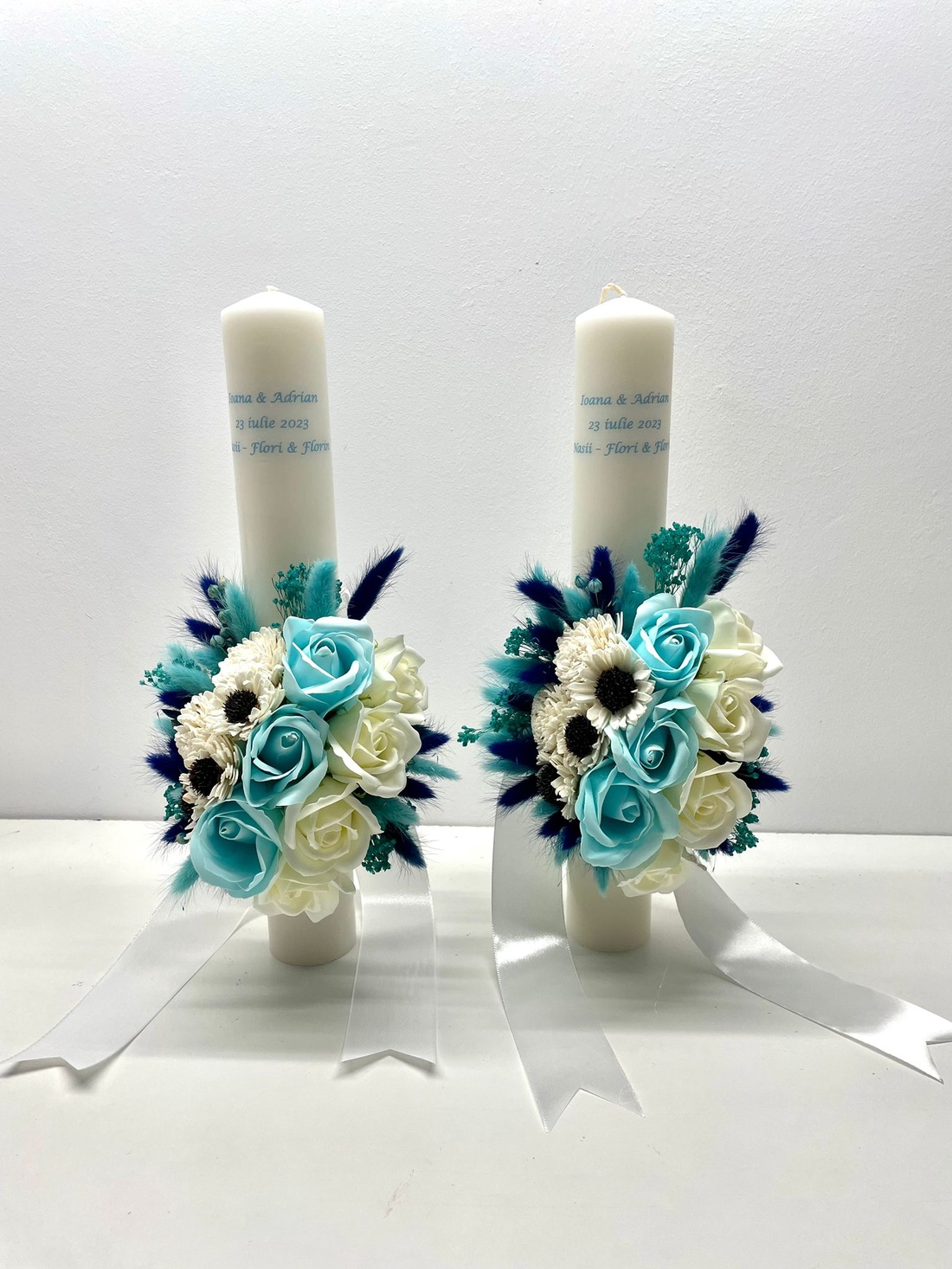 Set 2 lumanari de cununie, flori naturale uscate, cod SL22 - accesorii nuntă - materiale decor pentru nuntă - lumânări de nuntă și suport lumânări - Artynos.ro