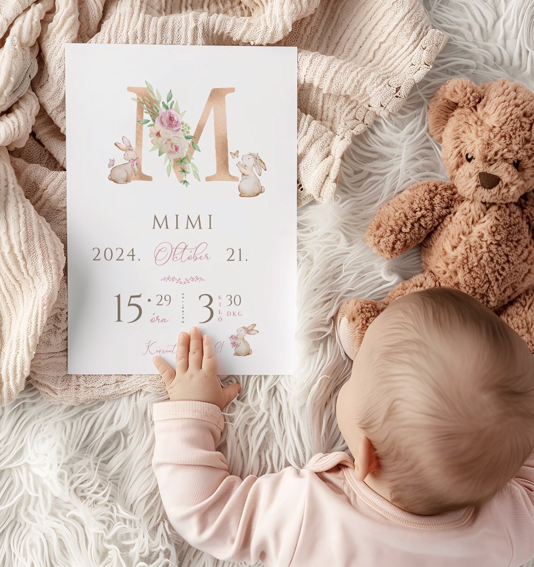 Am sosit poster copil, m-am născut poster scrisoare, monogramă, iepuraș -  - Artynos.ro