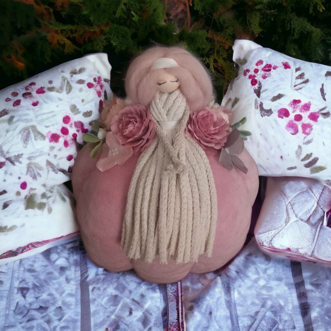 Decorațiune de toamnă � Fetiță din macramé așezată pe un dovleac, cu flori realiste -  - Artynos.ro