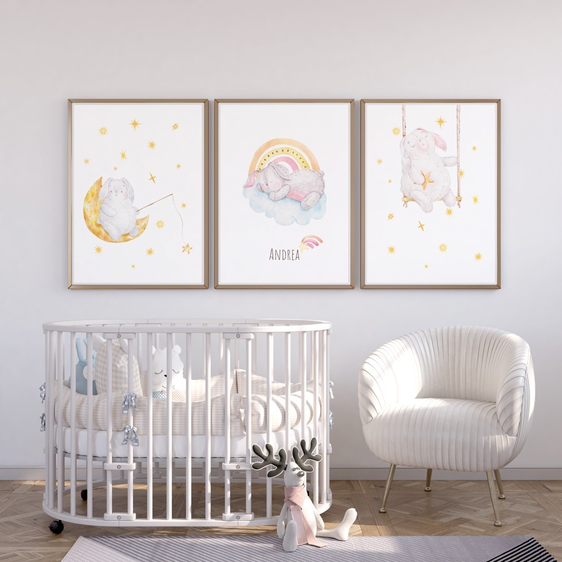 Decalcoman de perete pentru camera copilului, poster cu iepuraș de noapte bună, set unic personalizat de imagini cu animale, 3 buc -  - Artynos.ro