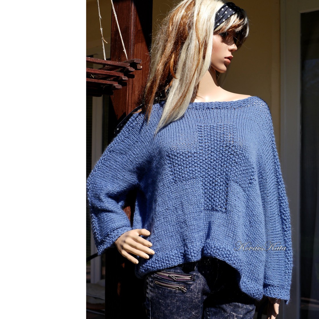 CROSS ANGORA - pulover artizanal boem tricotat manual / albastru - îmbrăcăminte și modă - haine damă - hanorace, cardigane - Artynos.ro