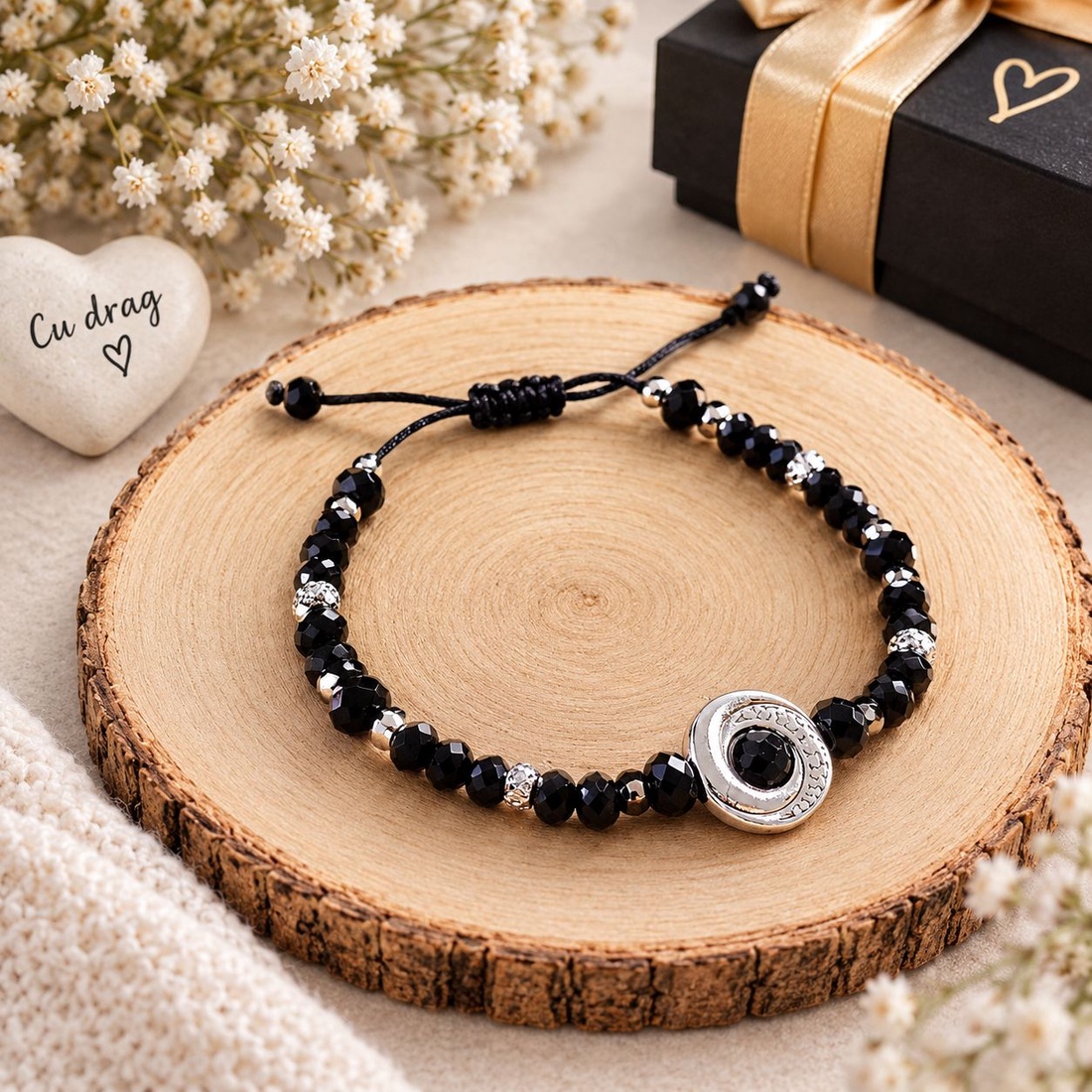 Brățară cu mărgele negre fațetate și link elegant - bijuterii - brățări - brățări din mărgele - Artynos.ro