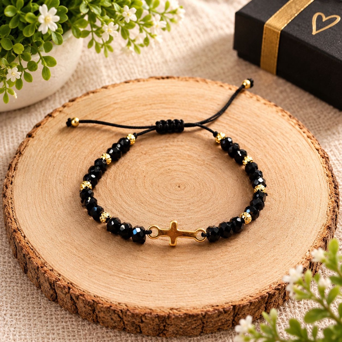 Brățară cu mărgele negre fațetate și link elegant - bijuterii - brățări - brățări din mărgele - Artynos.ro