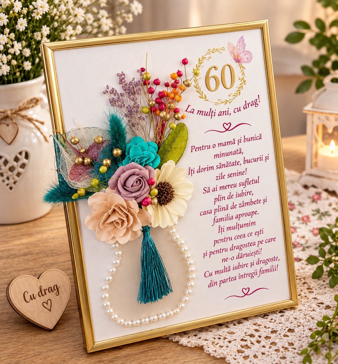Tablou elegant cu flori uscate naturale, cu mesaj de aniversare - casă & stil de viață - decorațiuni de casă - decorațiuni de pereți - tablou cu licheni - Artynos.ro