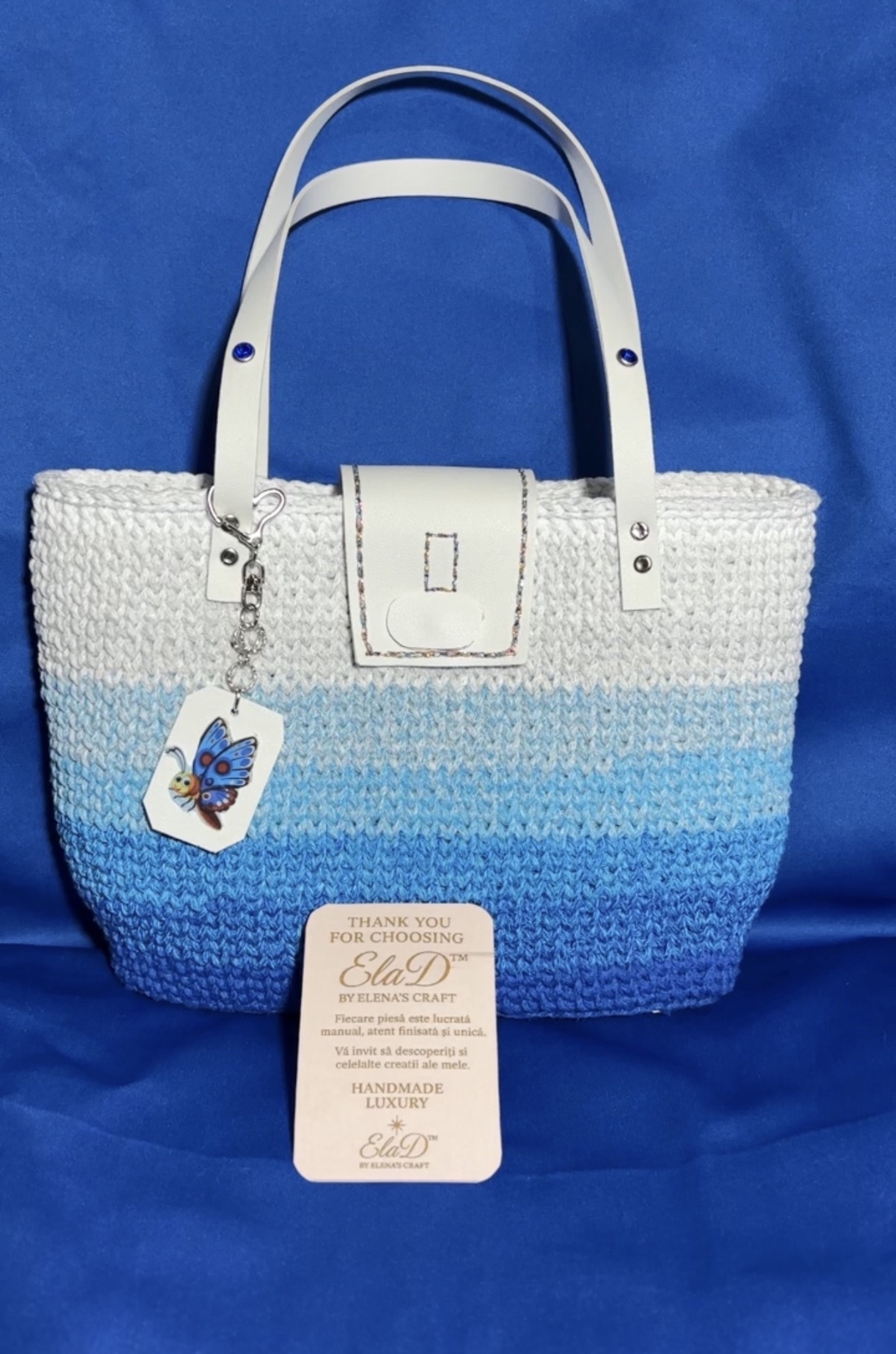 Geanta crosetata handmade ElaD albastru degrade eleganta dama - genți și portofele - accesorii genți - breloc - Artynos.ro