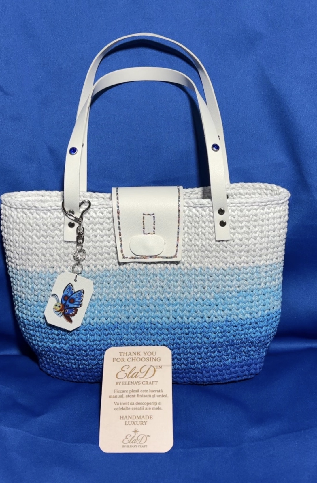 Geanta crosetata handmade ElaD albastru degrade eleganta dama - genți și portofele - accesorii genți - breloc - Artynos.ro