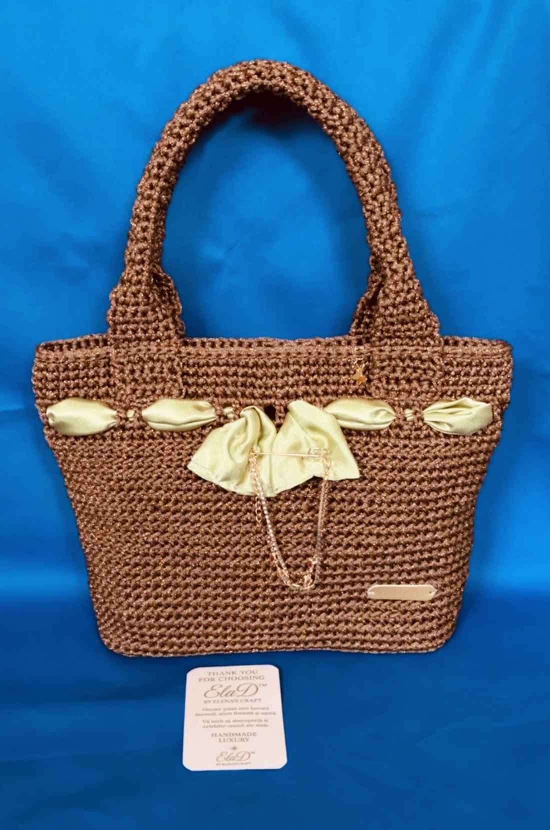 Geantă croșetată handmade elegantă maro cu fundă satin � ElaD� by Elena�s Craft - genți și portofele - genți de mână și umăr - geantă casual - Artynos.ro