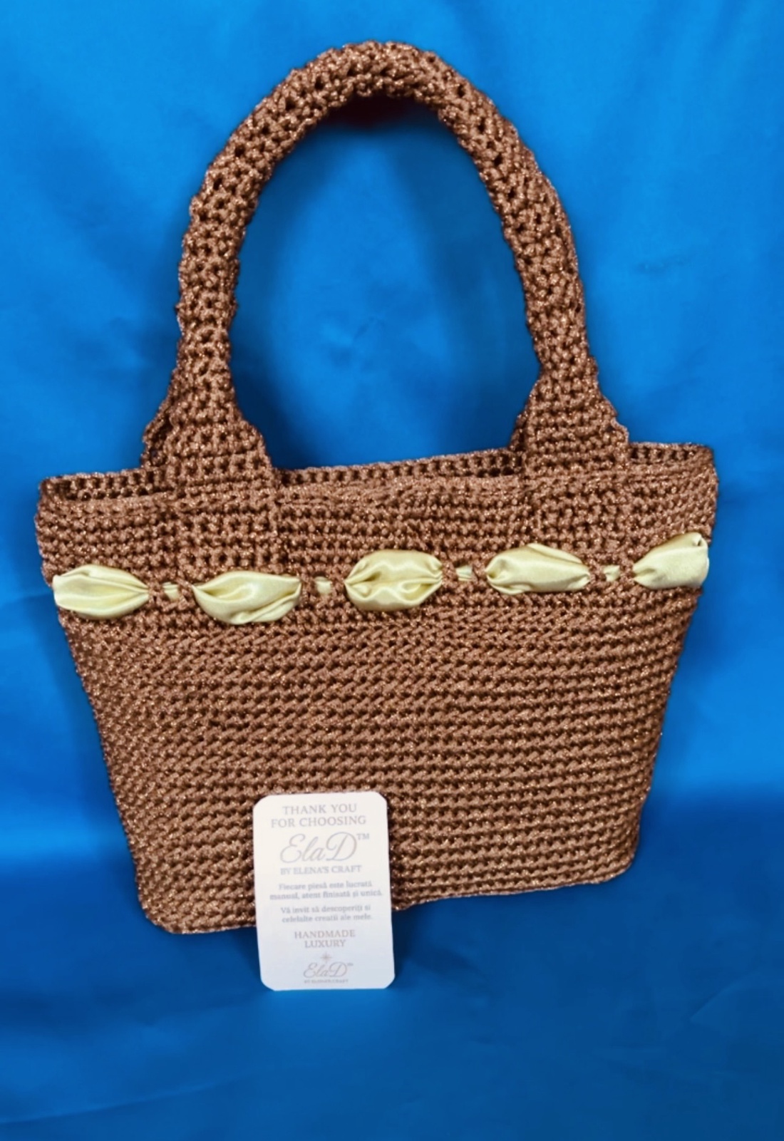 Geantă croșetată handmade elegantă maro cu fundă satin � ElaD� by Elena�s Craft - genți și portofele - genți de mână și umăr - geantă casual - Artynos.ro