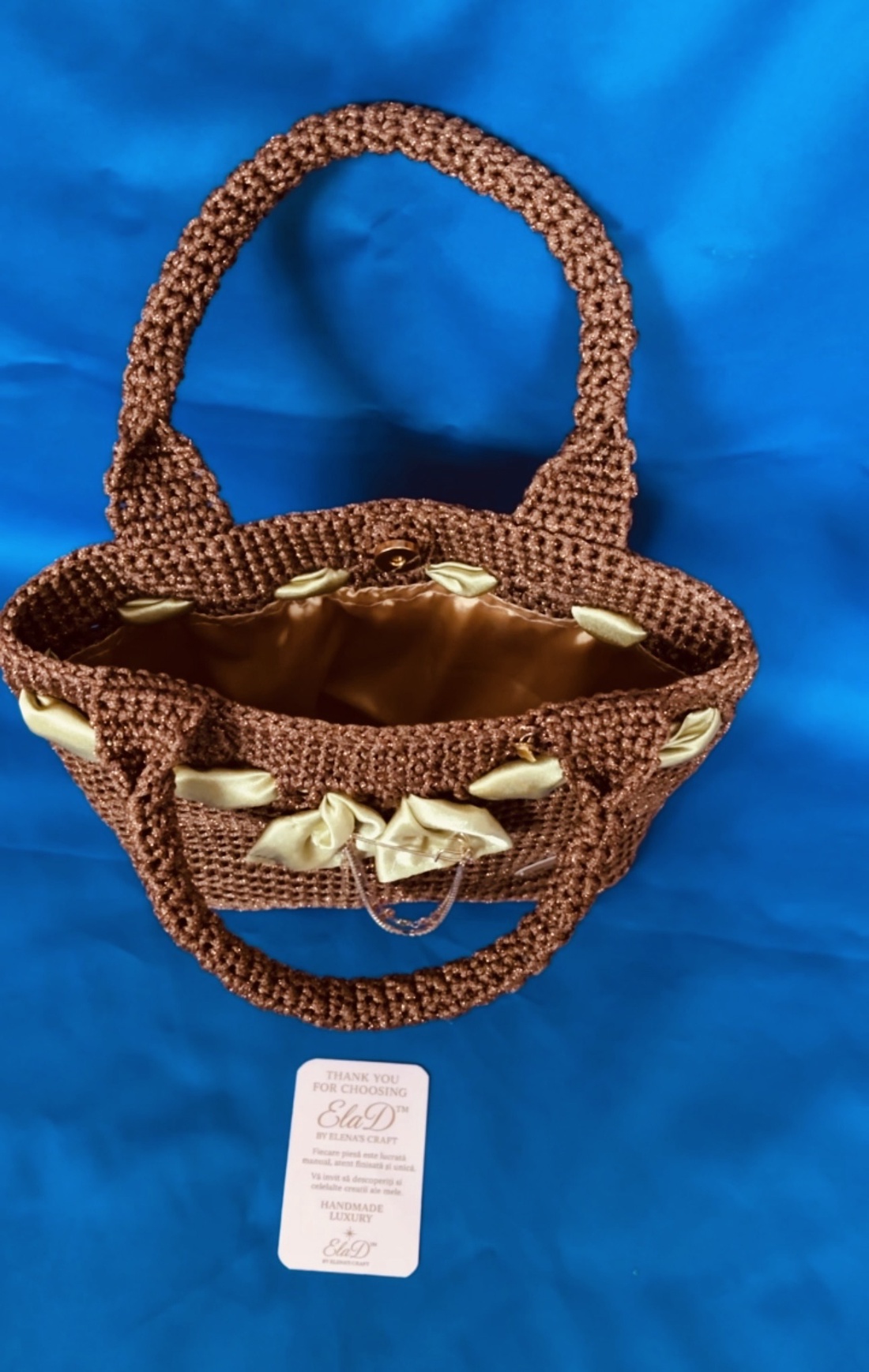 Geantă croșetată handmade elegantă maro cu fundă satin � ElaD� by Elena�s Craft - genți și portofele - genți de mână și umăr - geantă casual - Artynos.ro