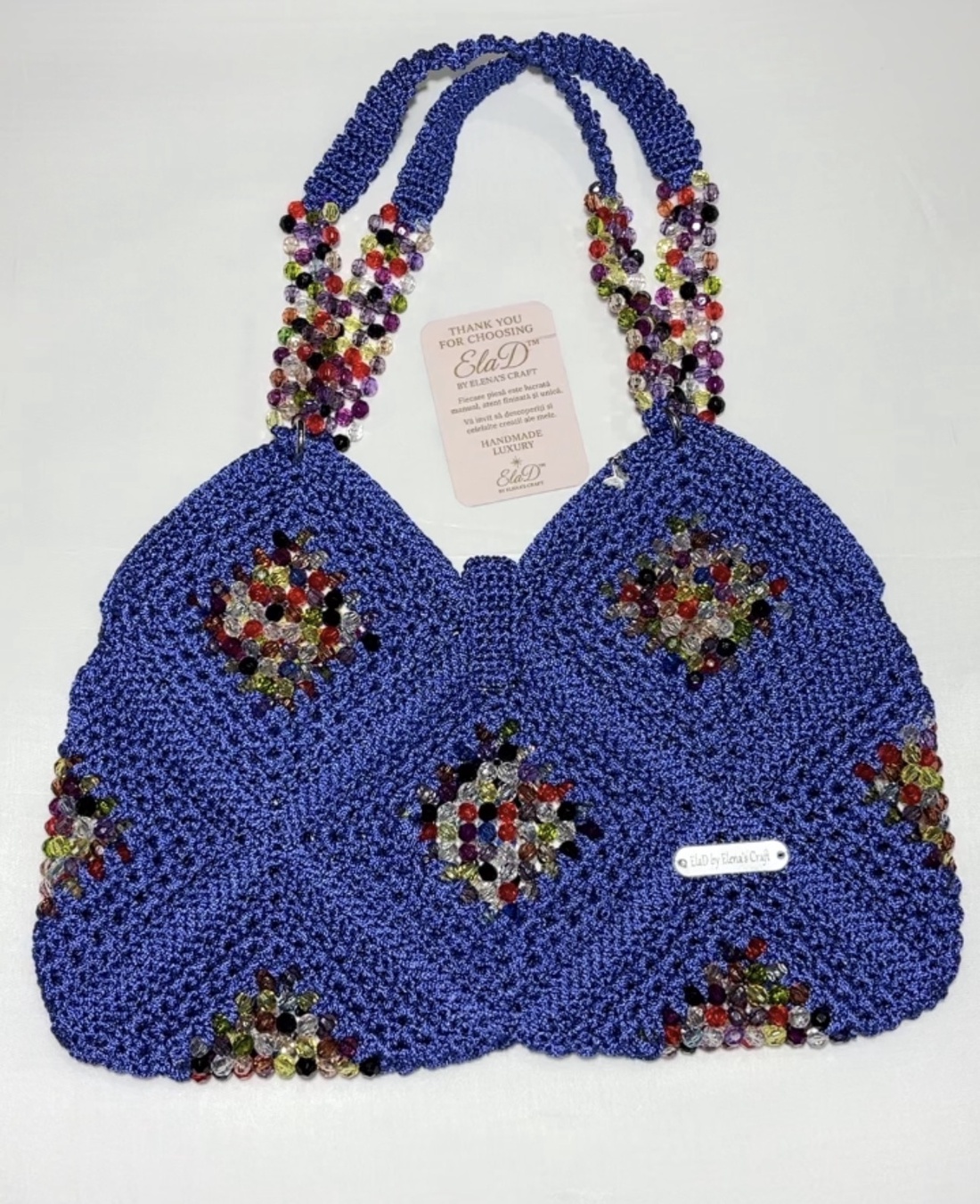 Geantă handmade croșetată albastru regal cu cristale multicolore � ElaD by Elena�s Craft - genți și portofele - genți de mână și umăr - geantă casual - Artynos.ro